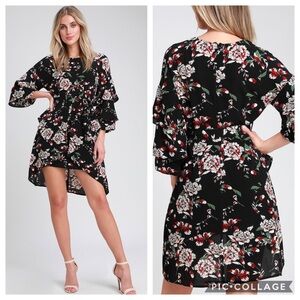 Black Floral Print Tiered Flounce Sleeve Dress